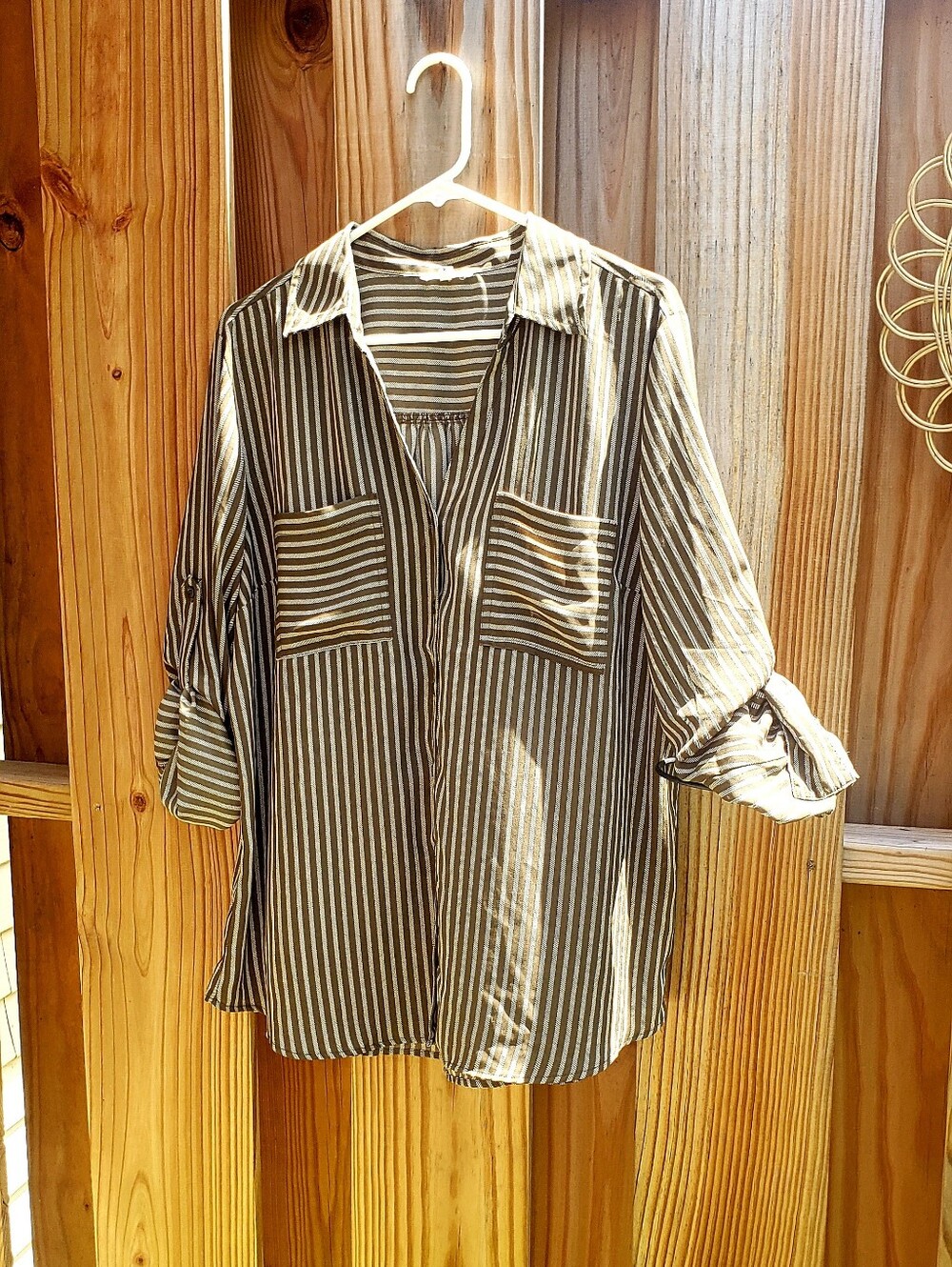 Maurices Brand Striped Button-Front Blouse in Olive and White